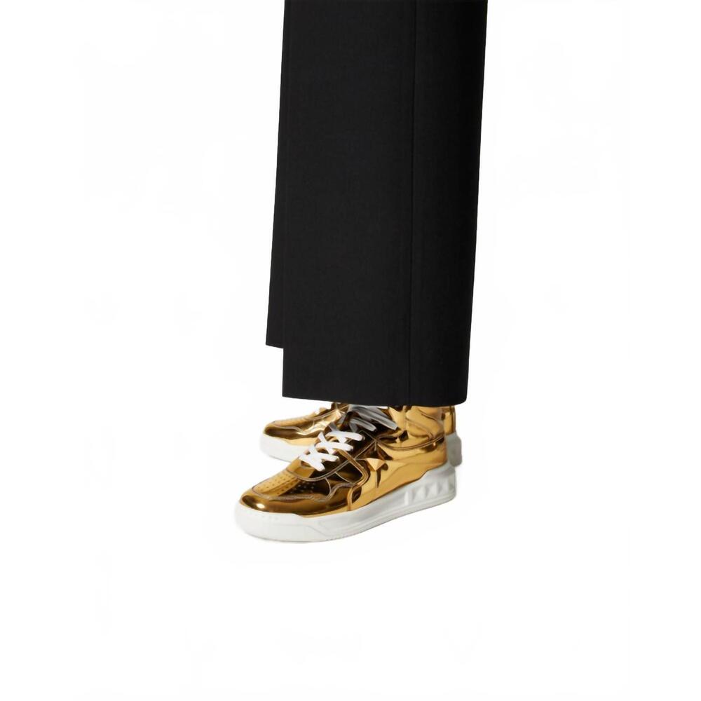 NEW VALENTINO men's stud mirror effect synthetic fiber mid-top sneakers in gold - Picture 6 of 6